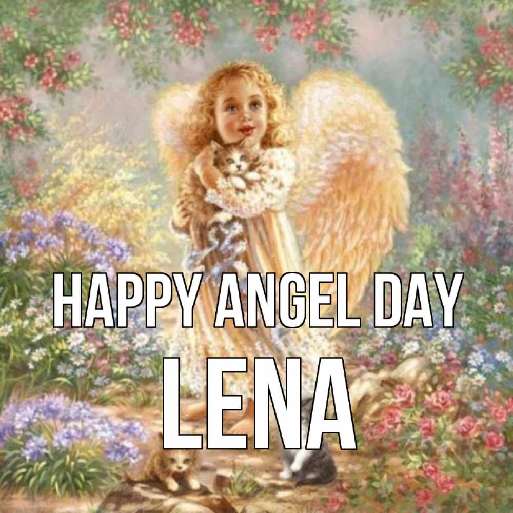 Greetings card с именем, Lena happy angel day держит котенка Greetings with text for free download 