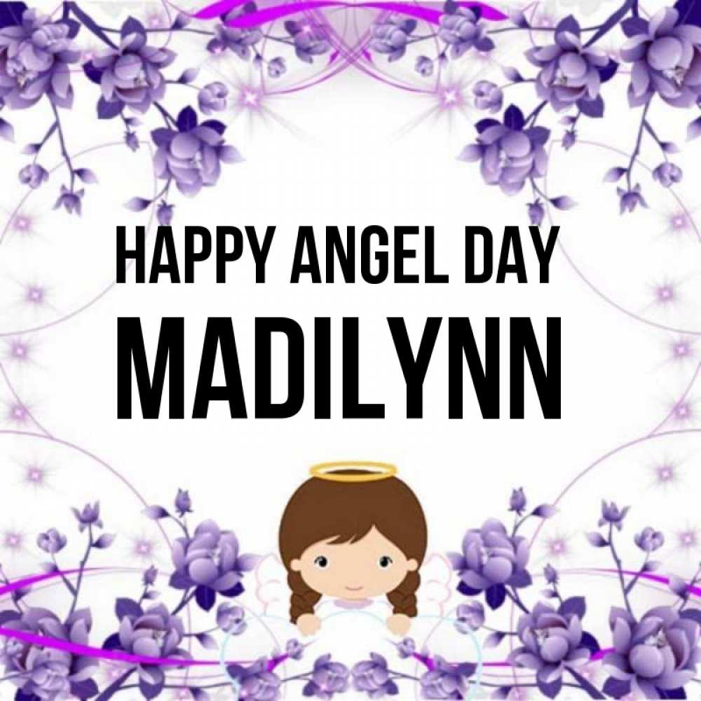 Greetings card с именем, Madilynn happy angel day с именинами в рамочке Greetings with text for free download 
