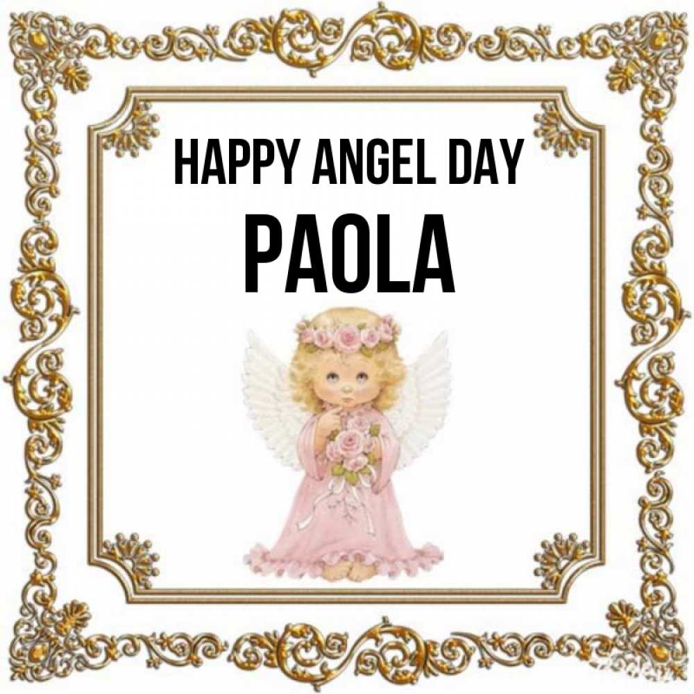 Greetings card с именем, Paola happy angel day девочка ангел с крыльями и цветами в розовом платье Greetings with text for free download 