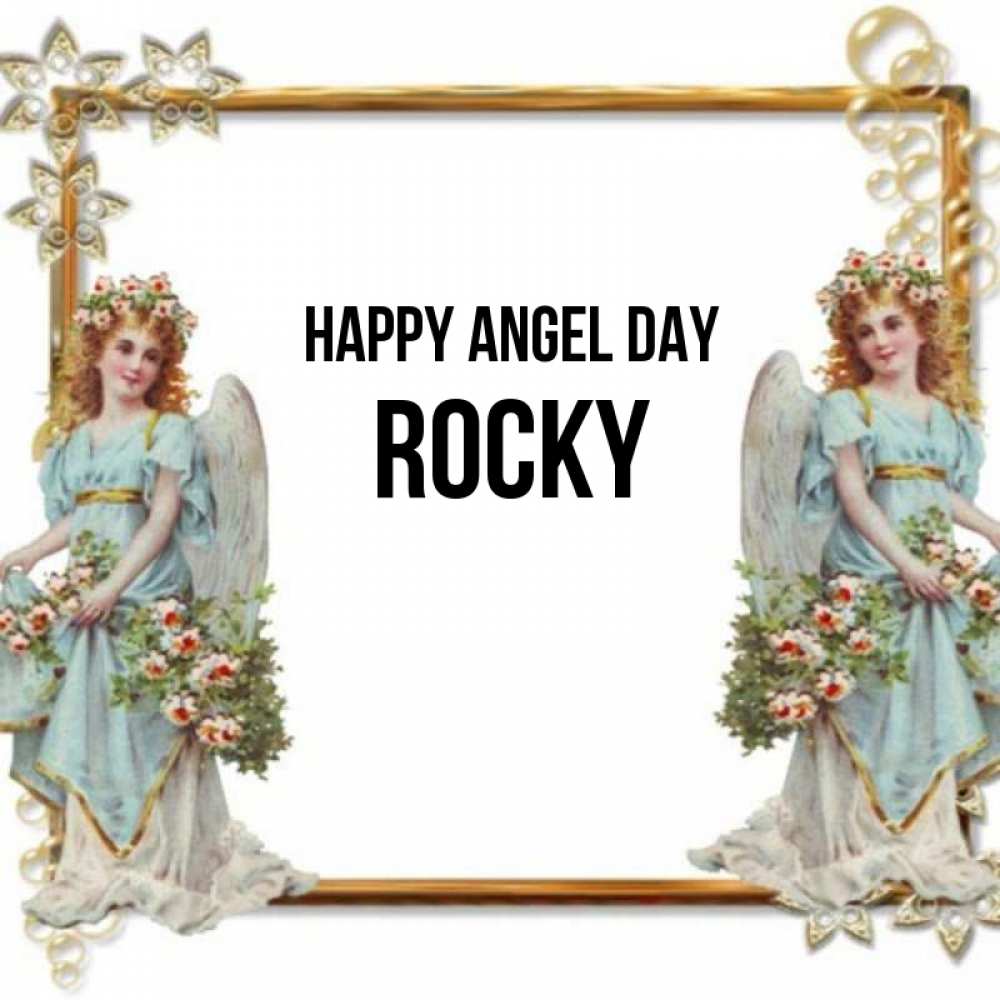 Greetings card с именем, Rocky happy angel day рамочка из золота и ангелы Greetings with text for free download 