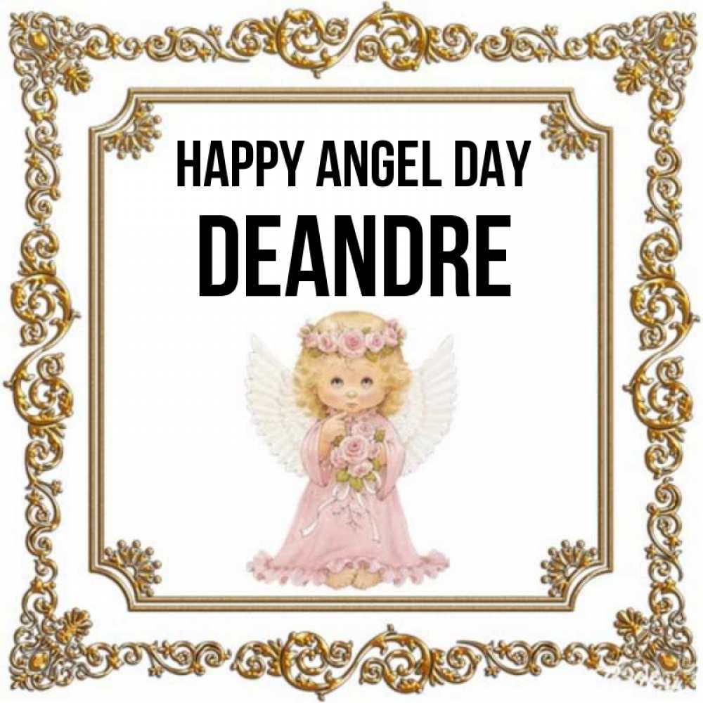 Greetings card с именем, Deandre happy angel day девочка ангел с крыльями и цветами в розовом платье Greetings with text for free download 