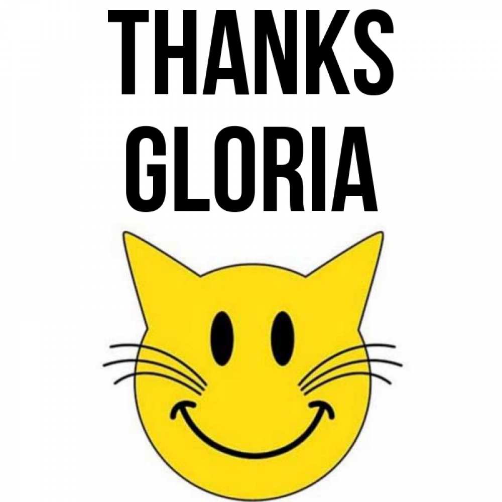 Greetings card с именем, Gloria Thanks улыбающийся смайл кот Greetings with text for free download 