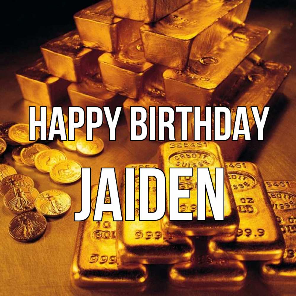 Greetings card с именем, Jaiden Happy Birthday со слитками золота и золотыми монетами Greetings with text for free download 