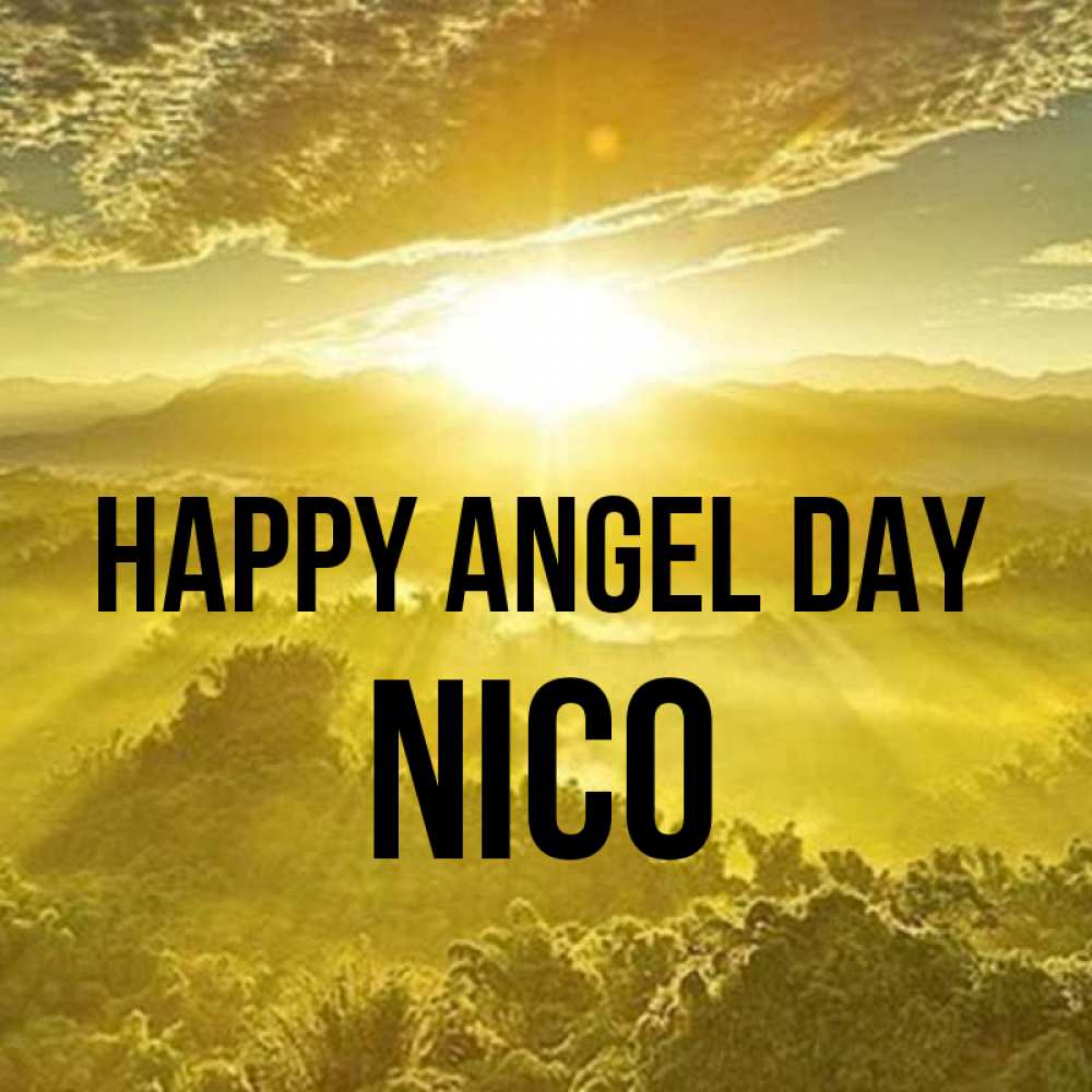 Greetings card с именем, Nico happy angel day леса и небо в желтом Greetings with text for free download 