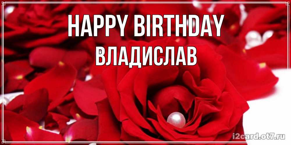 Greetings card с именем, Владислав Happy Birthday роза с жемчужиной на открытке для любимых Greetings with text for free download 