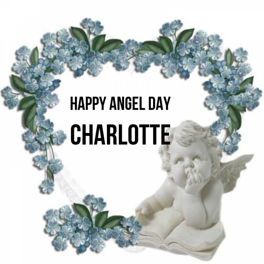 Greetings card с именем, Charlotte happy angel day голубые цветы и мраморный ангел Greetings with text for free download 