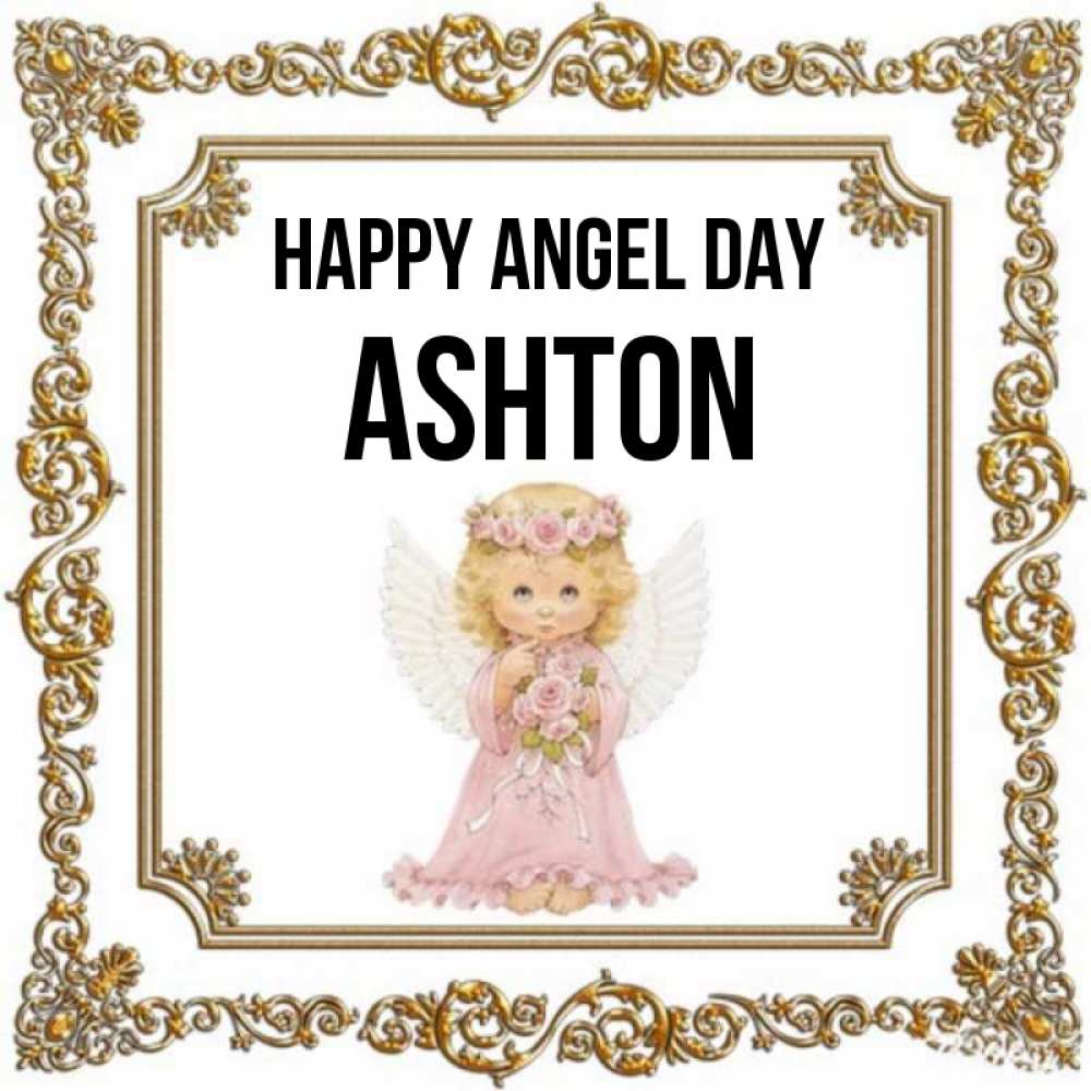 Greetings card с именем, Ashton happy angel day девочка ангел с крыльями и цветами в розовом платье Greetings with text for free download 