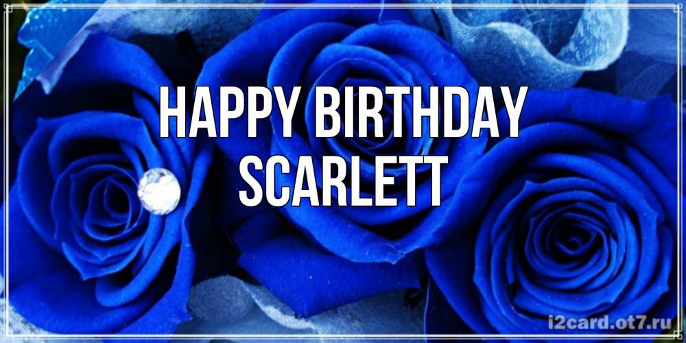 Greetings card с именем, Scarlett Happy Birthday синие розы в росе Greetings with text for free download 