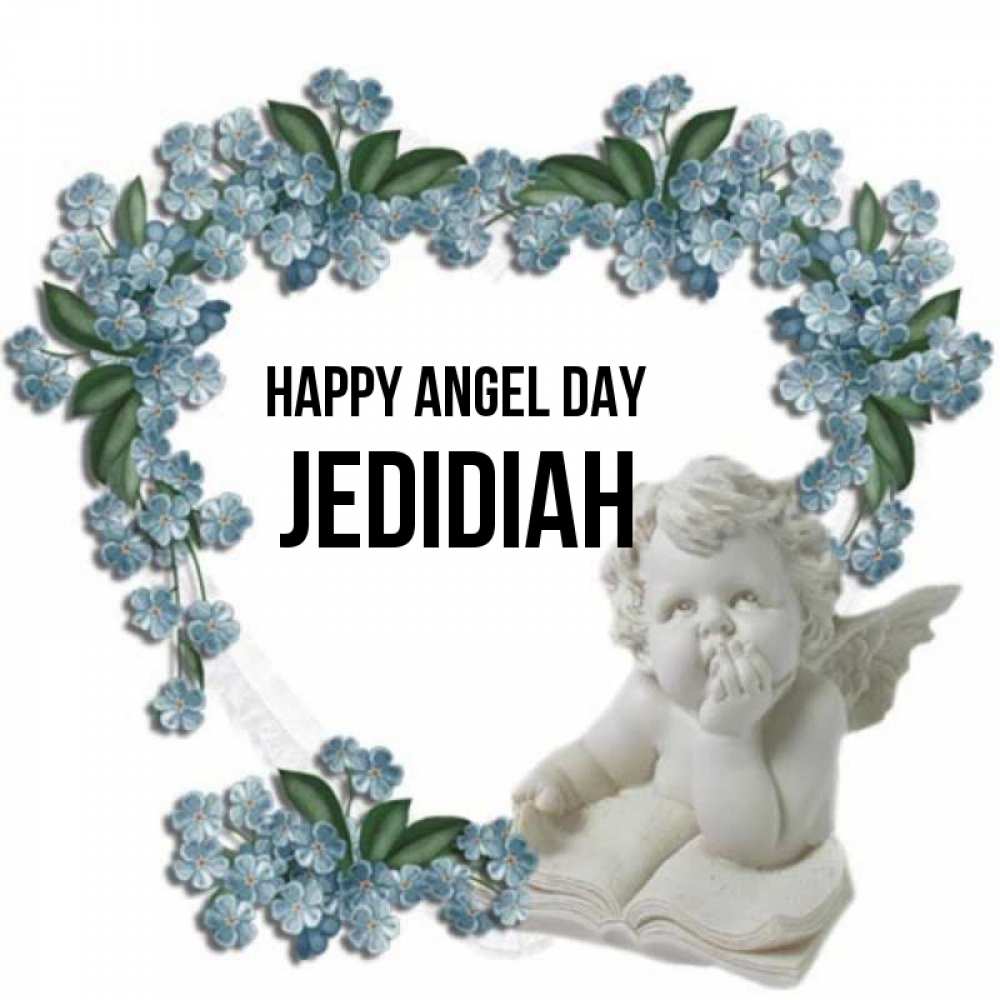 Greetings card с именем, Jedidiah happy angel day голубые цветы и мраморный ангел Greetings with text for free download 