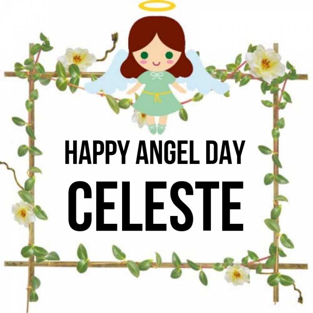 Greetings card с именем, Celeste happy angel day Ангел с нимбом Greetings with text for free download 