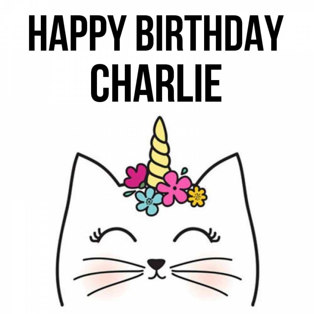 Greetings card с именем, Charlie Happy Birthday милый кот с одним рожком Greetings with text for free download 