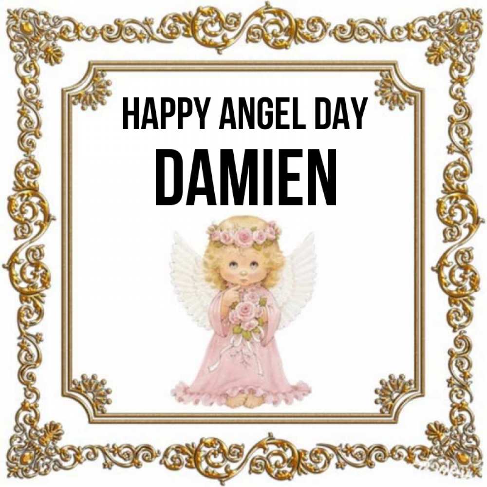Greetings card с именем, Damien happy angel day девочка ангел с крыльями и цветами в розовом платье Greetings with text for free download 