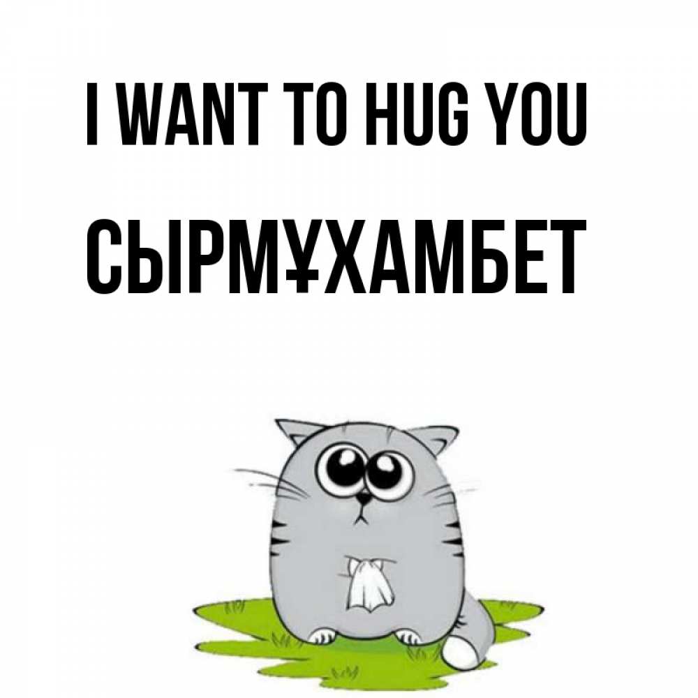 Greetings card с именем, СЫРМҰХАМБЕТ I want to hug you котик теребит платочек сидя на травке Greetings with text for free download 