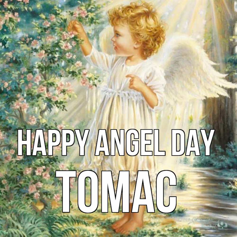 Greetings card с именем, Томас happy angel day собирает цветы Greetings with text for free download 