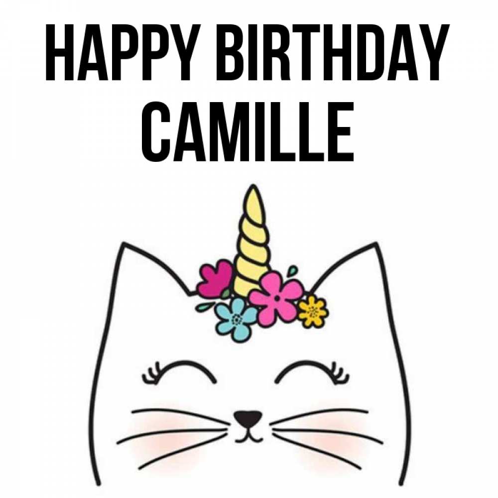 Greetings card с именем, Camille Happy Birthday милый кот с одним рожком Greetings with text for free download 