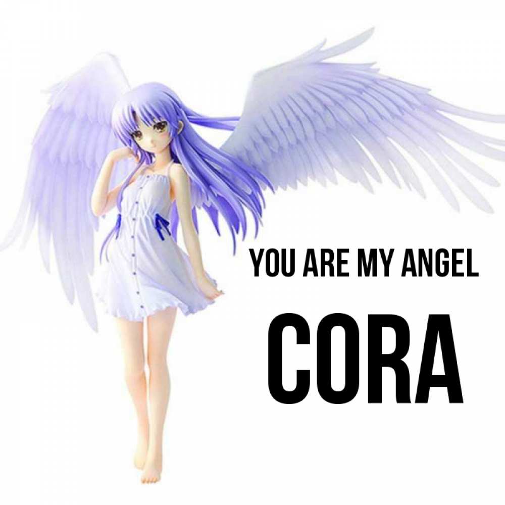 Greetings card с именем, Cora You are my angel девушка ангел с фиолетовыми крыльями Greetings with text for free download 