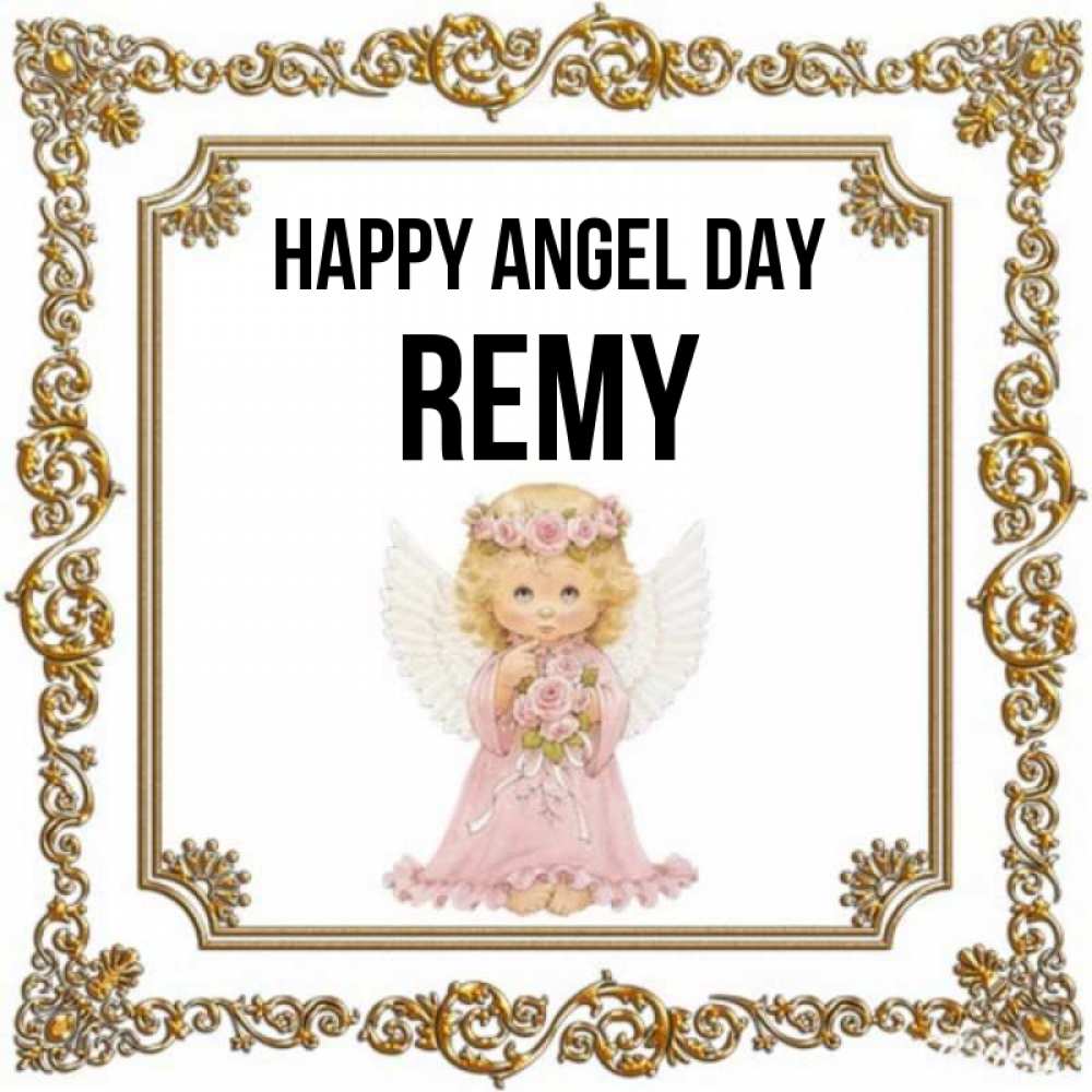 Greetings card с именем, Remy happy angel day девочка ангел с крыльями и цветами в розовом платье Greetings with text for free download 