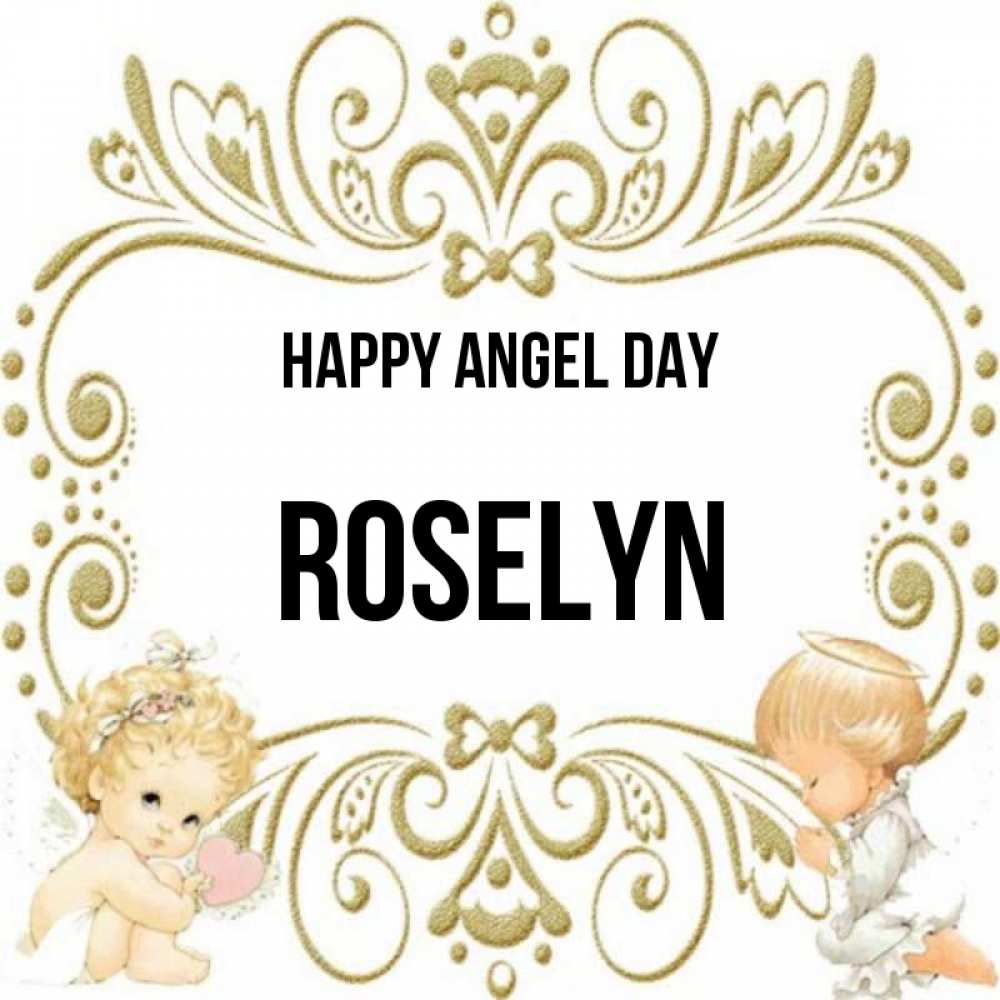 Greetings card с именем, Roselyn happy angel day с именинами поздравляют два красивых ангела. Один с сердечком другой молится Greetings with text for free download 