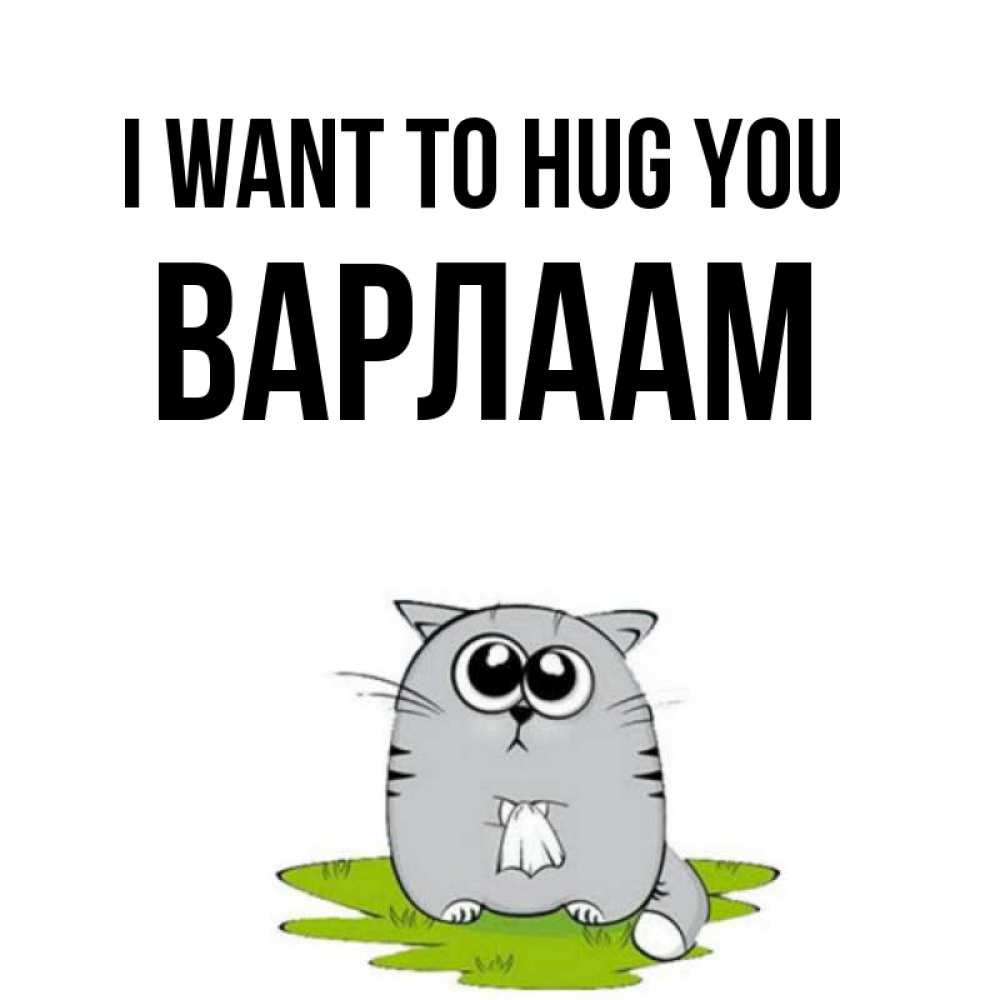Greetings card с именем, Варлаам I want to hug you котик теребит платочек сидя на травке Greetings with text for free download 