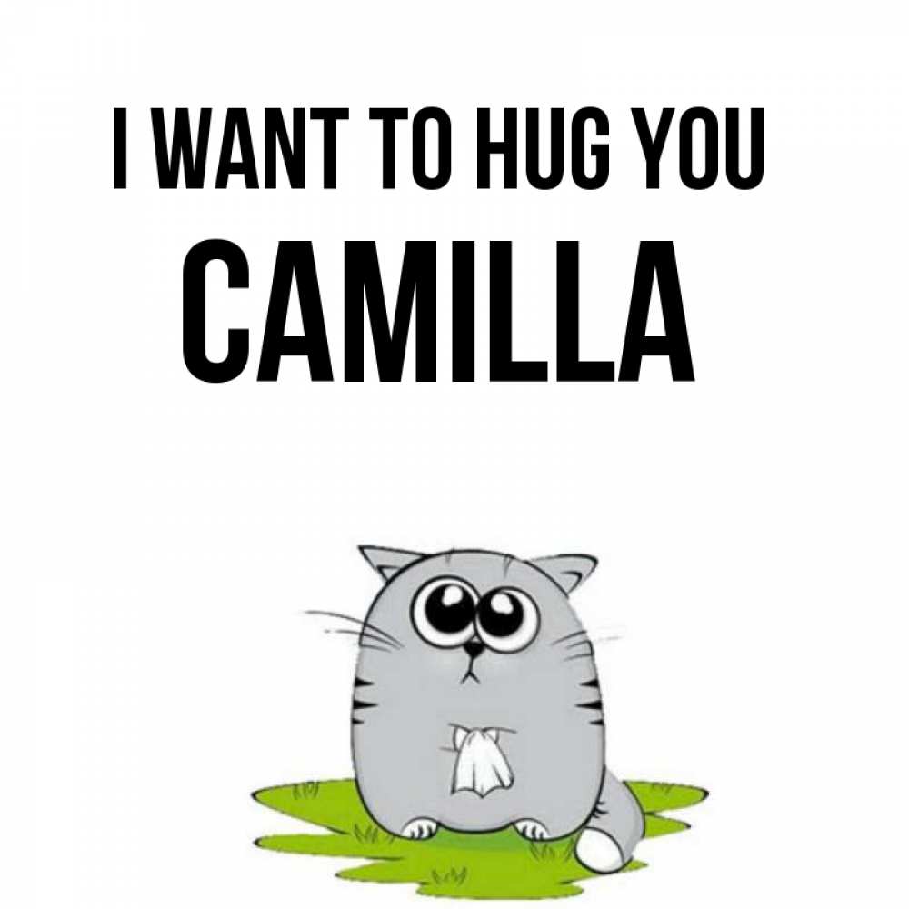 Greetings card с именем, Camilla I want to hug you котик теребит платочек сидя на травке Greetings with text for free download 