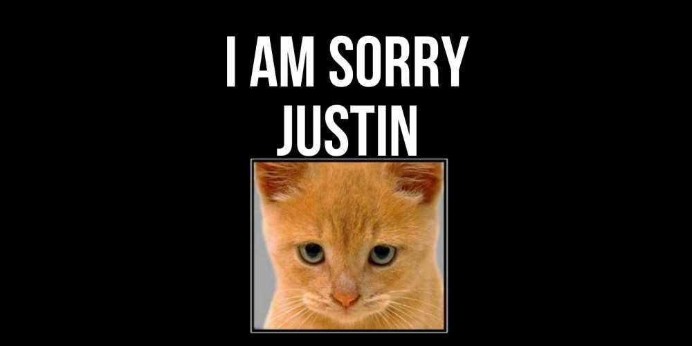 Greetings card с именем, Justin I am sorry рыжий грустный кот просит прощения Greetings with text for free download 