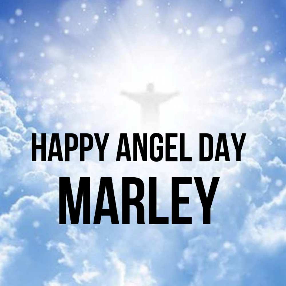 Greetings card с именем, Marley happy angel day ангел на облаках в свете солнца Greetings with text for free download 