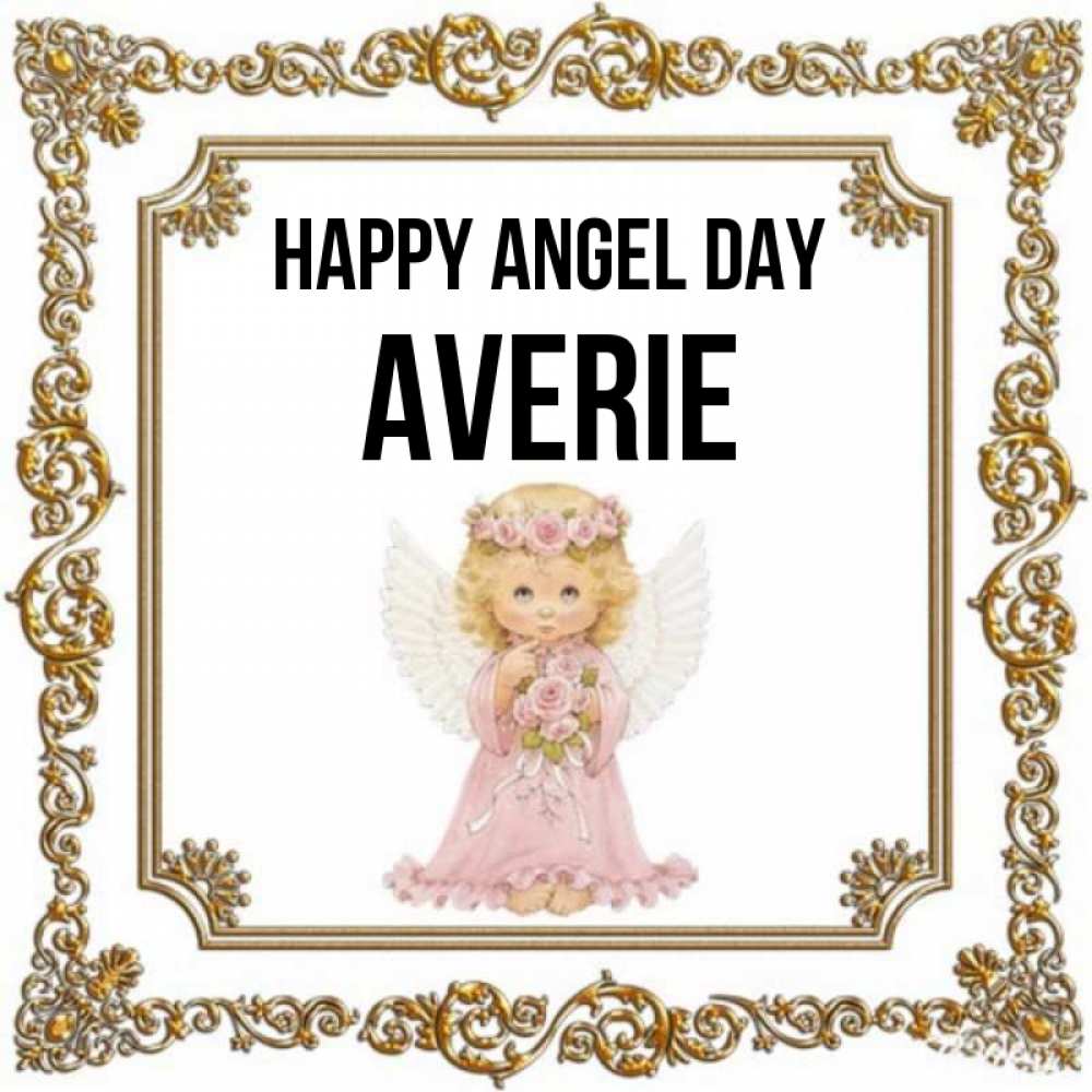 Greetings card с именем, Averie happy angel day девочка ангел с крыльями и цветами в розовом платье Greetings with text for free download 