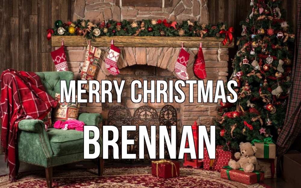 Greetings card с именем, Brennan Merry Christmas рождество, камин, ель Greetings with text for free download 
