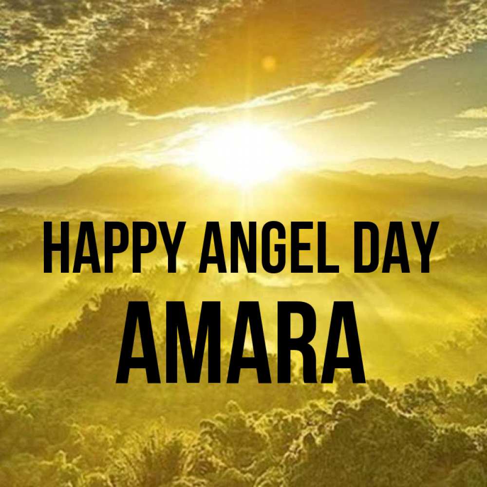 Greetings card с именем, Amara happy angel day леса и небо в желтом Greetings with text for free download 