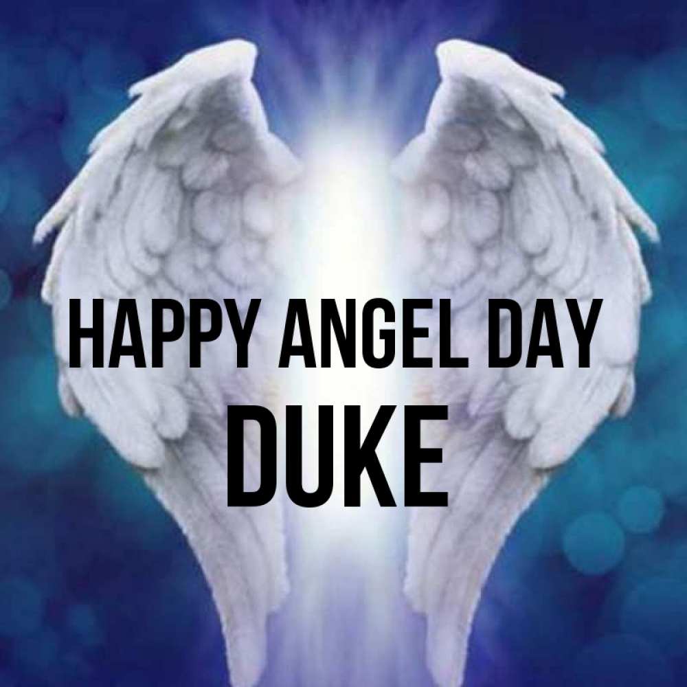 Greetings card с именем, Duke happy angel day синий фон и крылышки Greetings with text for free download 