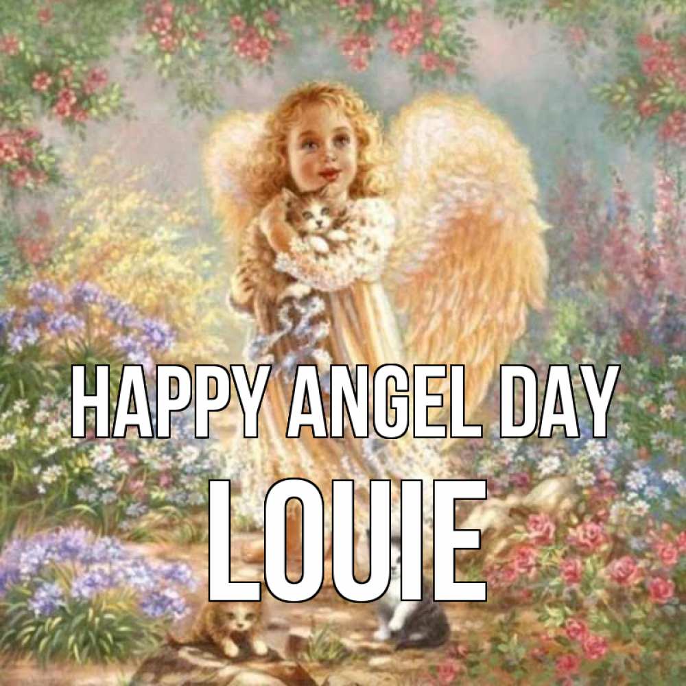 Greetings card с именем, Louie happy angel day держит котенка Greetings with text for free download 