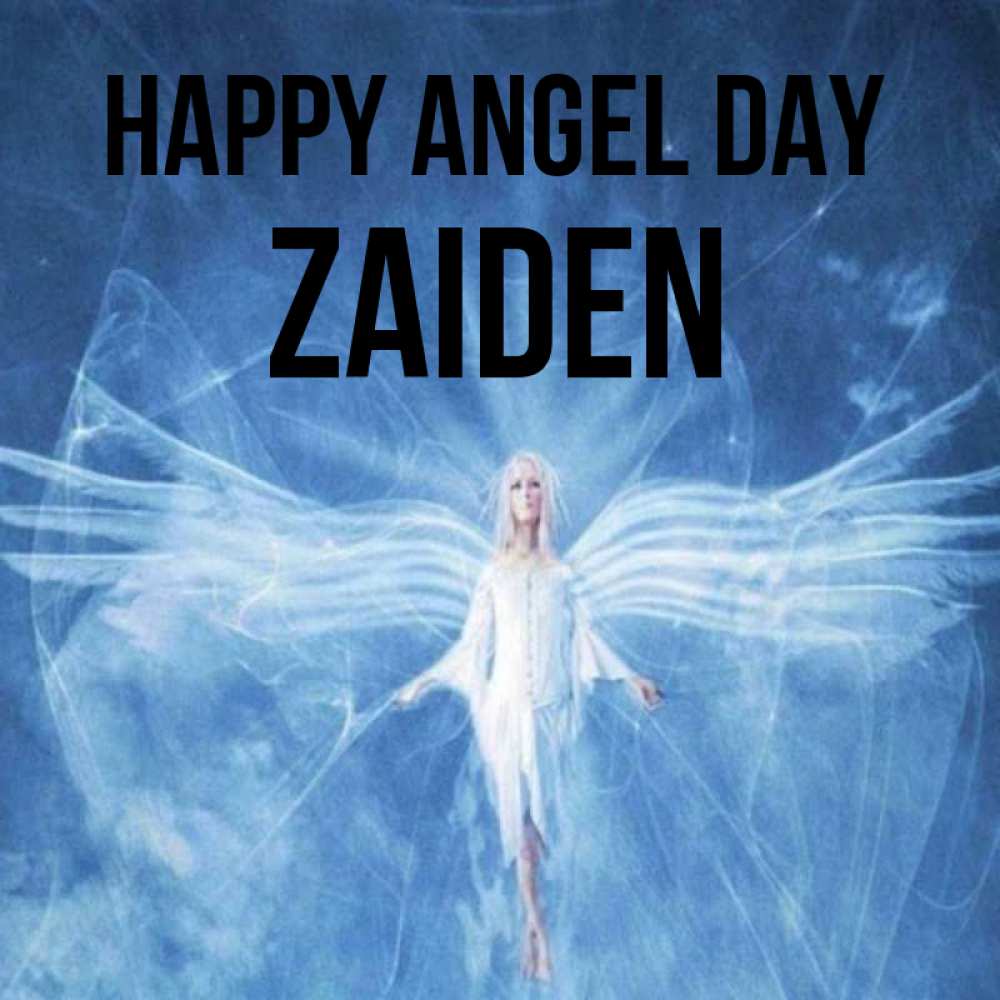 Greetings card с именем, Zaiden happy angel day голубой фон и крылья как у стрекозы Greetings with text for free download 