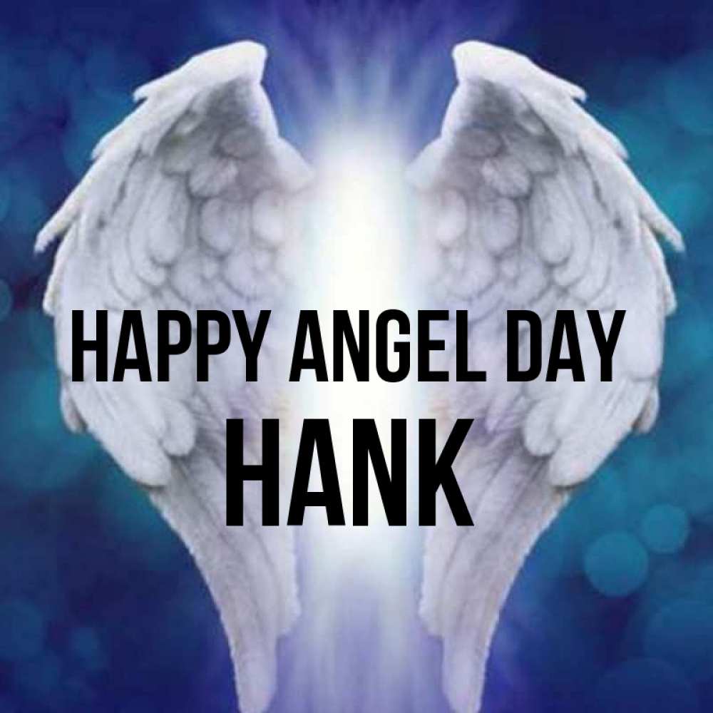 Greetings card с именем, Hank happy angel day синий фон и крылышки Greetings with text for free download 