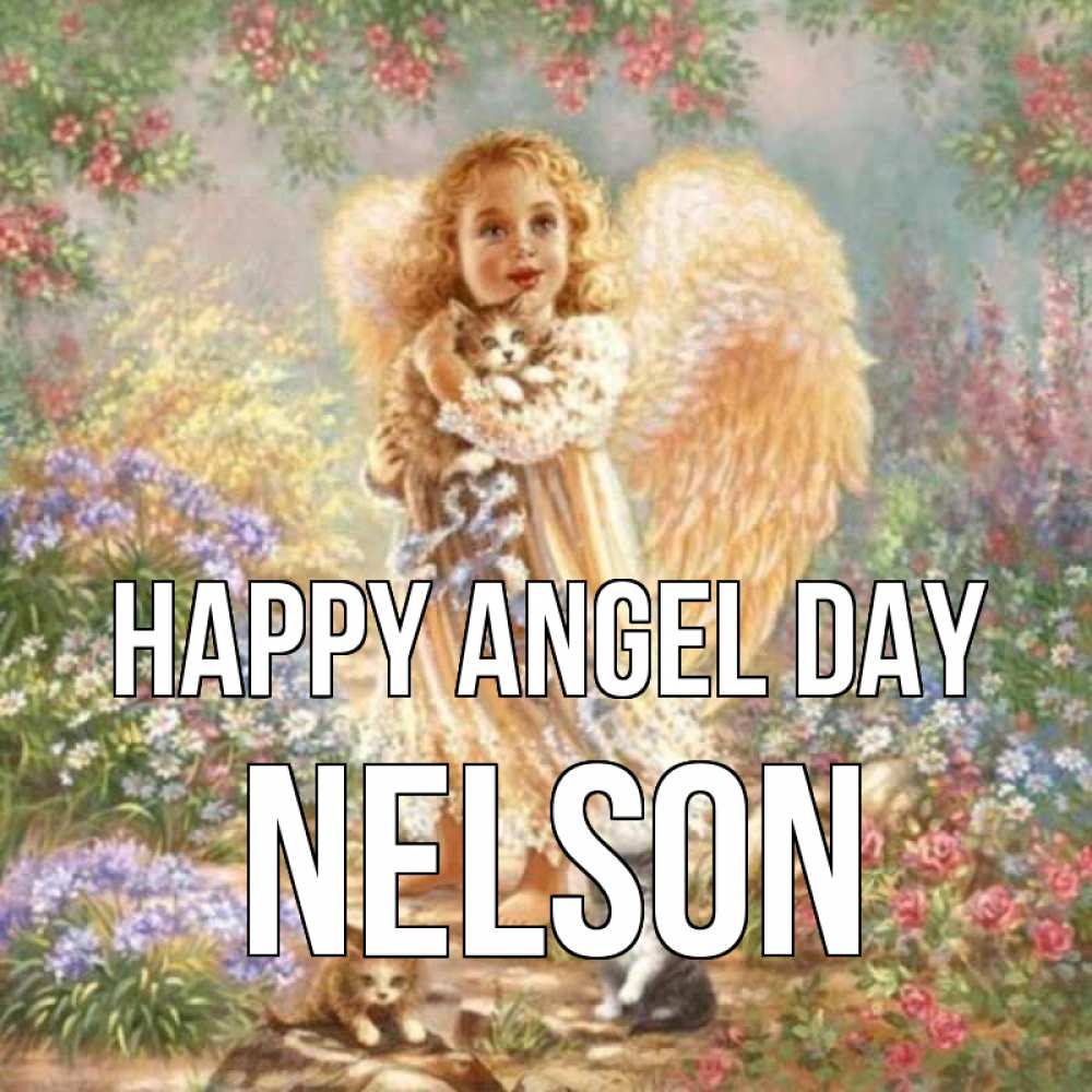 Greetings card с именем, Nelson happy angel day держит котенка Greetings with text for free download 