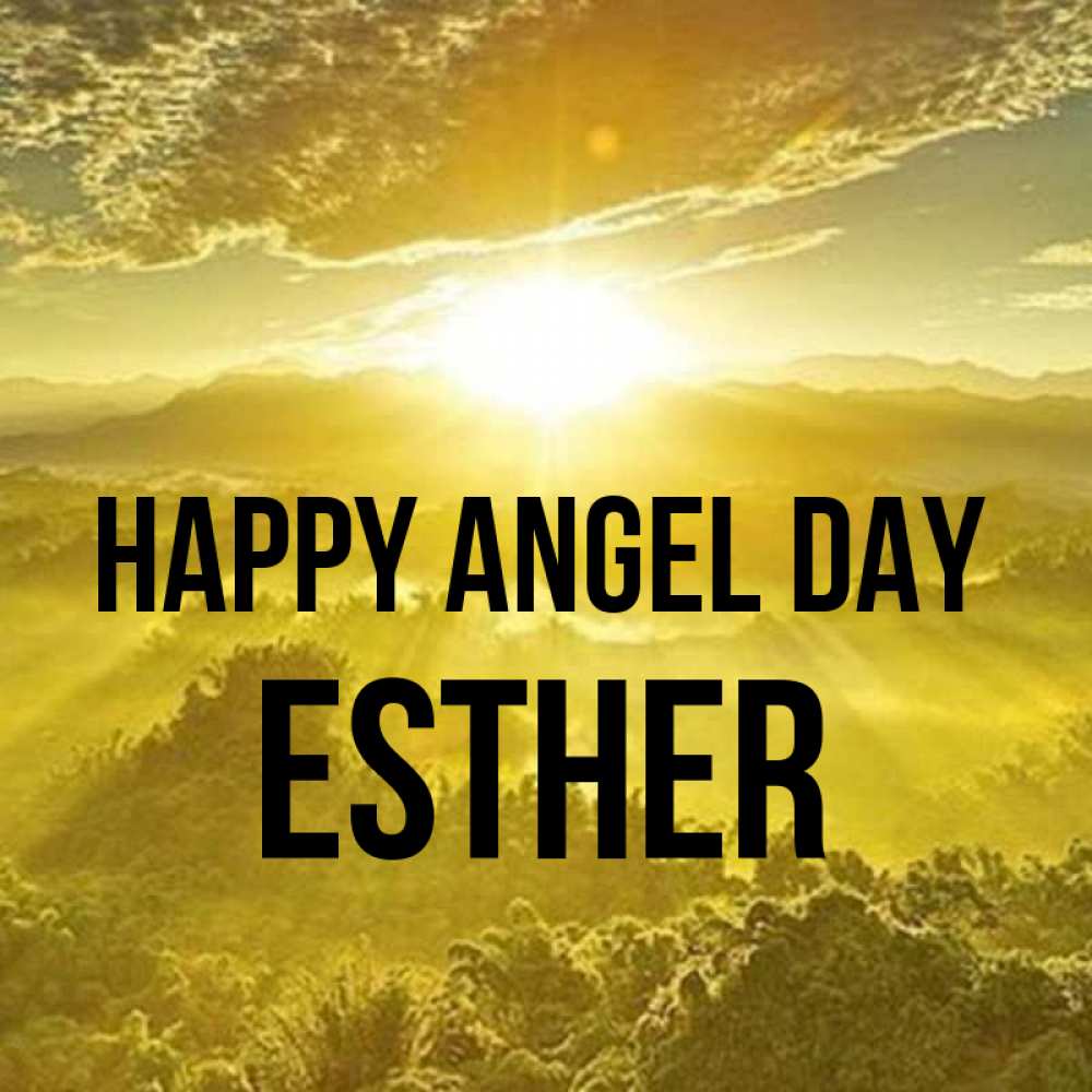 Greetings card с именем, Esther happy angel day леса и небо в желтом Greetings with text for free download 