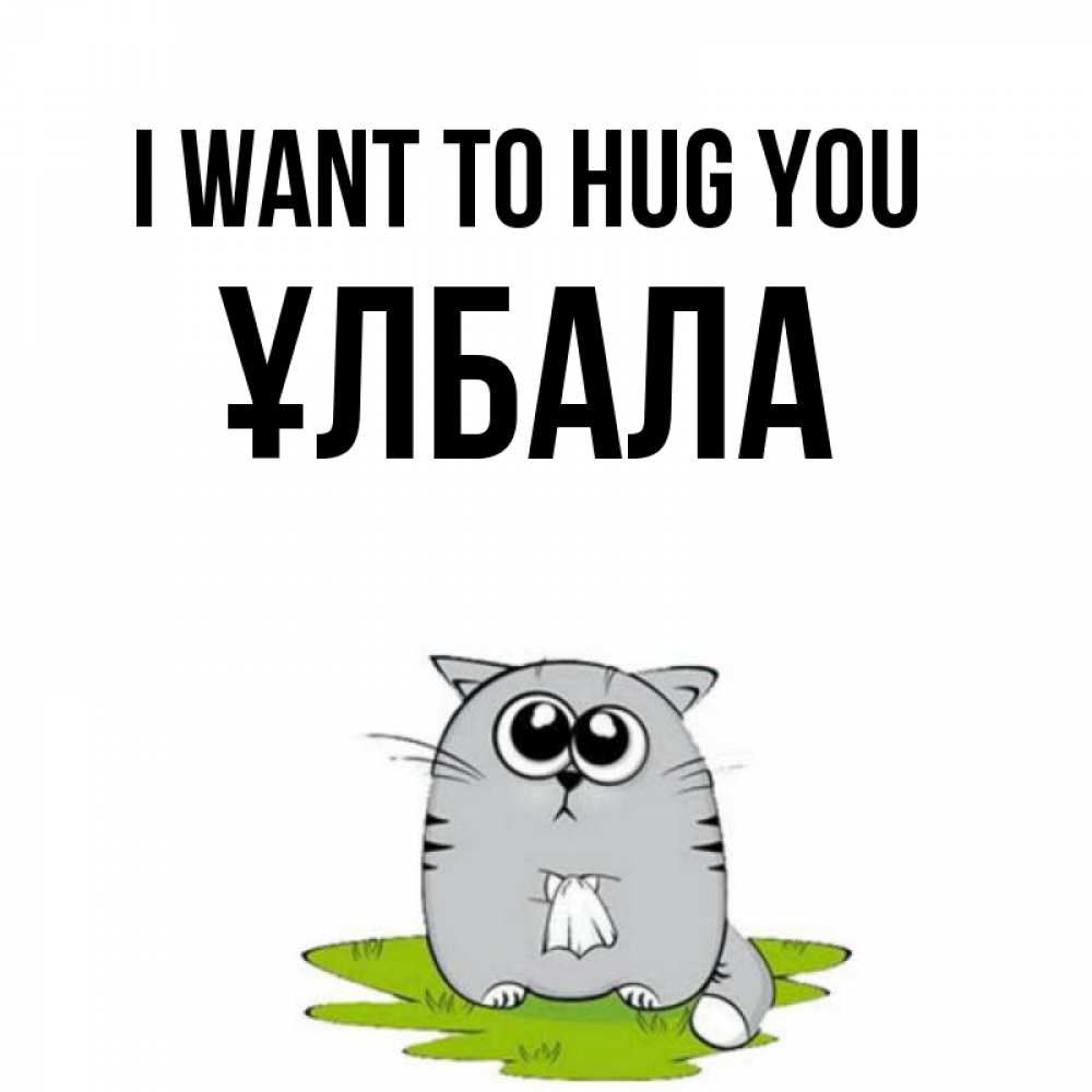 Greetings card с именем, ҰЛБАЛА I want to hug you котик теребит платочек сидя на травке Greetings with text for free download 