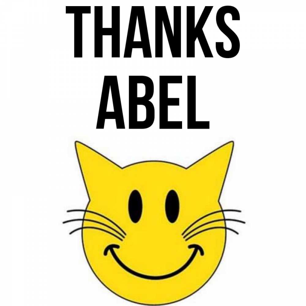 Greetings card с именем, Abel Thanks улыбающийся смайл кот Greetings with text for free download 