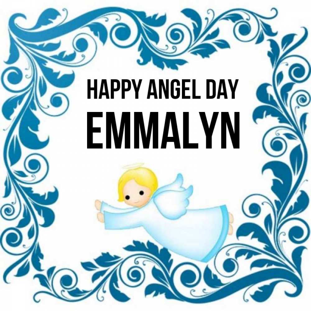 Greetings card с именем, Emmalyn happy angel day девочка ангел и синяя рамка Greetings with text for free download 