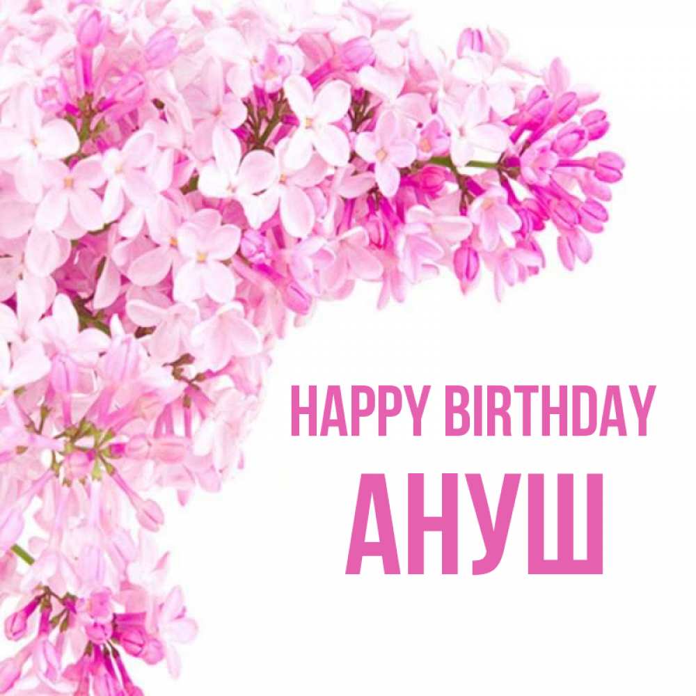 Greetings card с именем, Ануш Happy Birthday Сирень на белом фоне Greetings with text for free download 