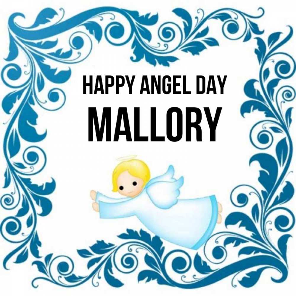 Greetings card с именем, Mallory happy angel day девочка ангел и синяя рамка Greetings with text for free download 