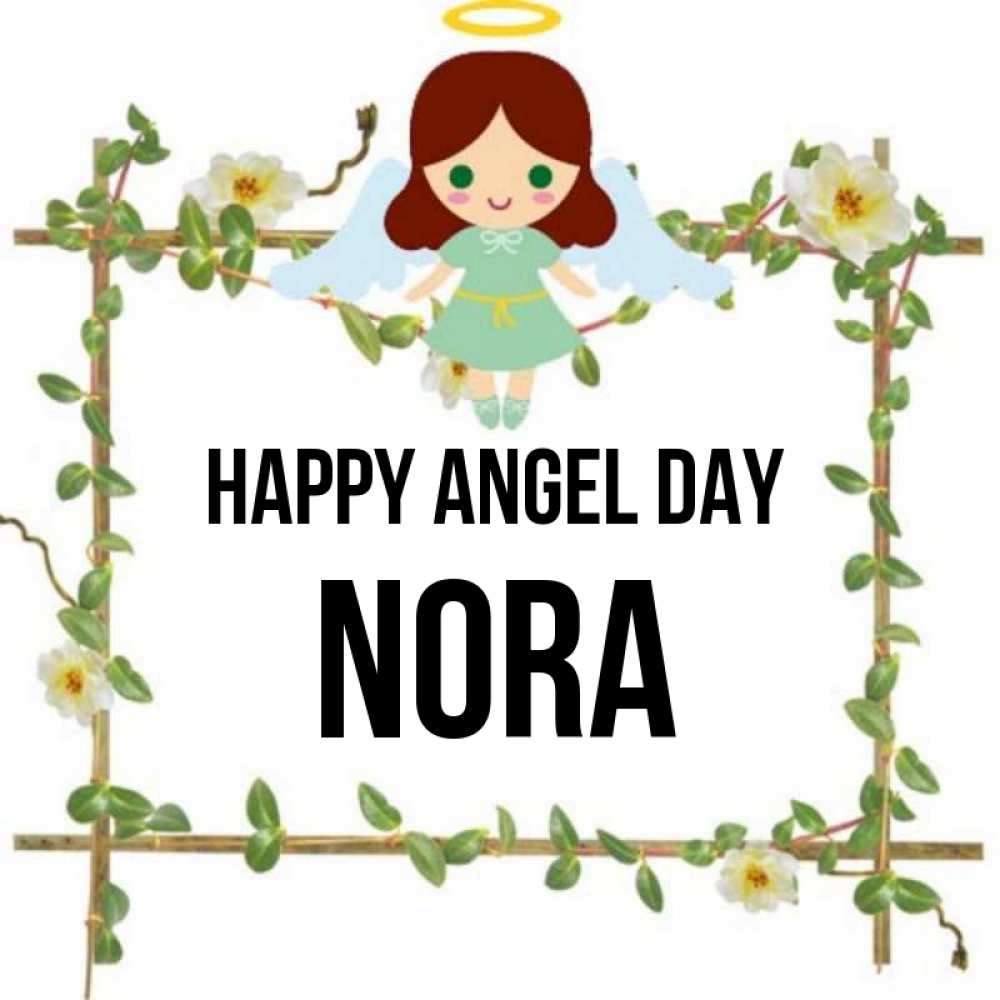 Greetings card с именем, Nora happy angel day Ангел с нимбом Greetings with text for free download 