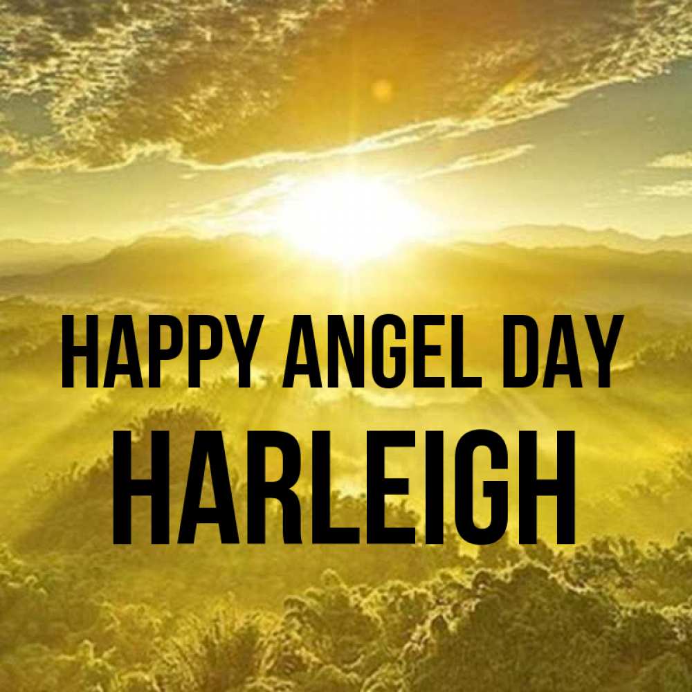 Greetings card с именем, Harleigh happy angel day леса и небо в желтом Greetings with text for free download 
