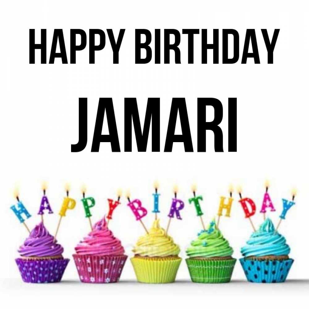Greetings card с именем, Jamari Happy Birthday открытка ко дню рождения с разноцветными вкусняшками Greetings with text for free download 