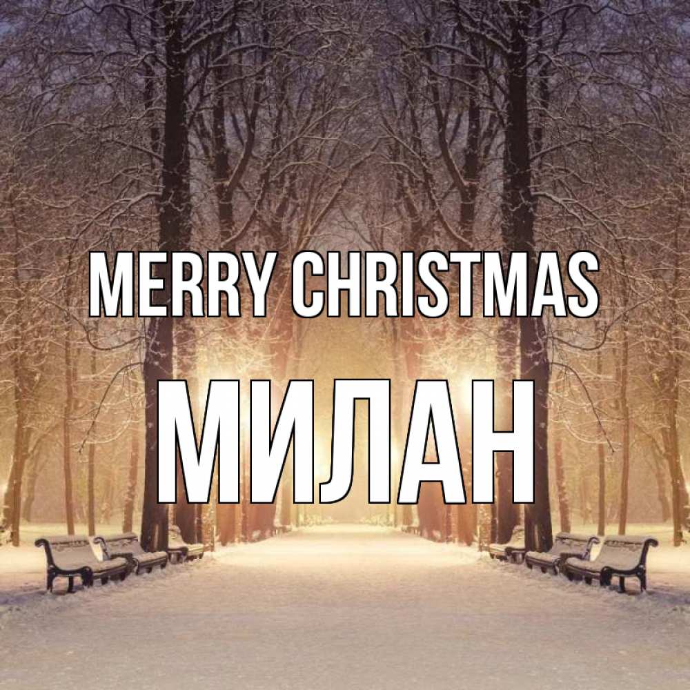 Greetings card с именем, Милан Merry Christmas зима, парк, фонарь, лес Greetings with text for free download 
