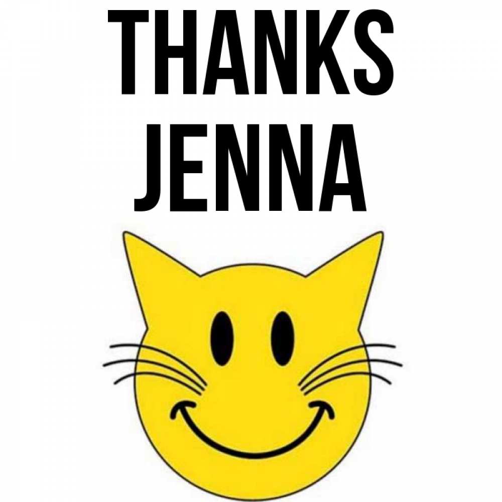 Greetings card с именем, Jenna Thanks улыбающийся смайл кот Greetings with text for free download 