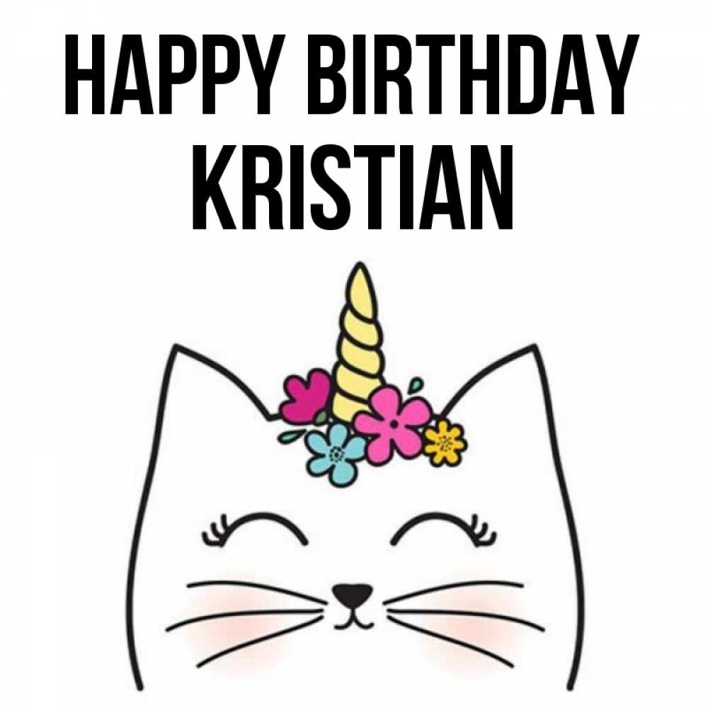 Greetings card с именем, Kristian Happy Birthday милый кот с одним рожком Greetings with text for free download 