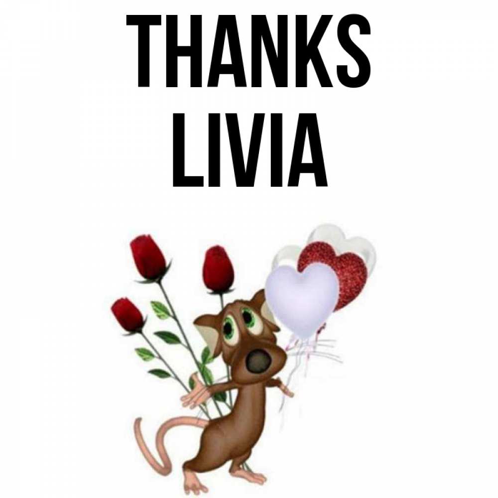 Greetings card с именем, Livia Thanks песик с шариками в форме сердец Greetings with text for free download 