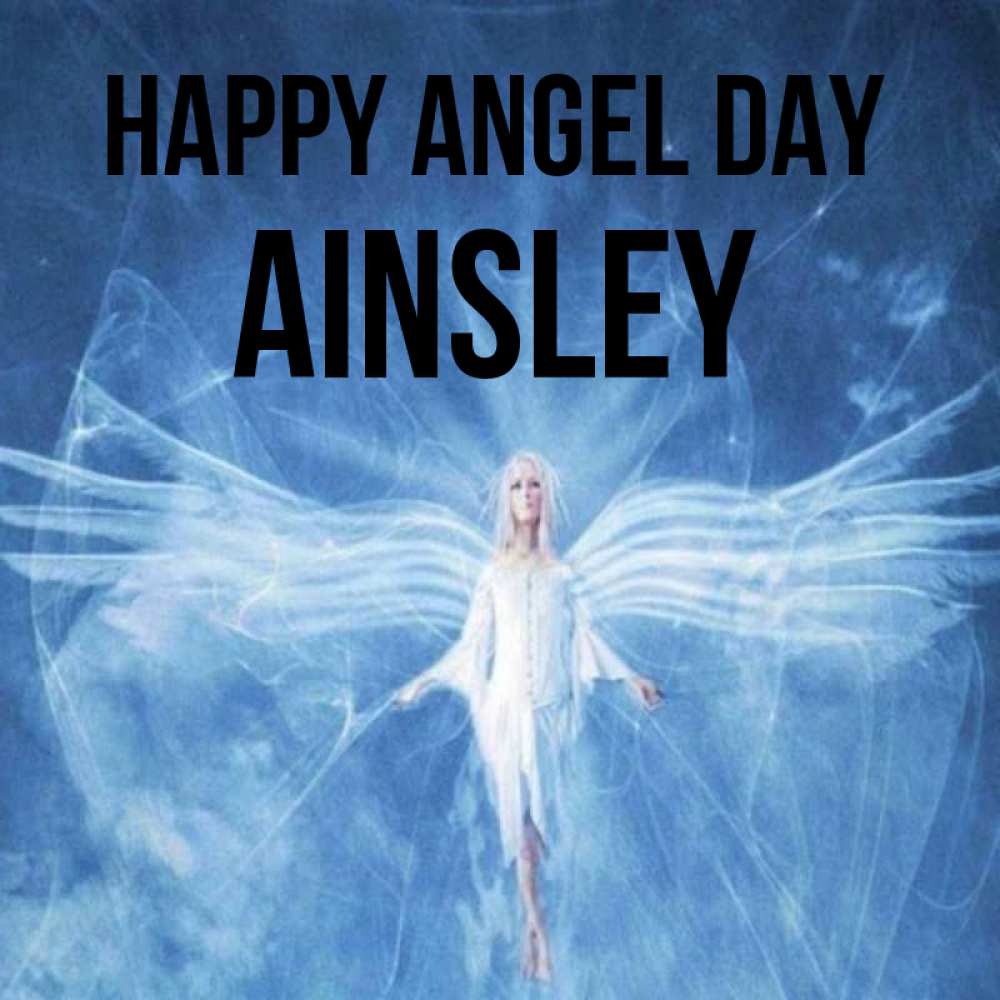 Greetings card с именем, Ainsley happy angel day голубой фон и крылья как у стрекозы Greetings with text for free download 
