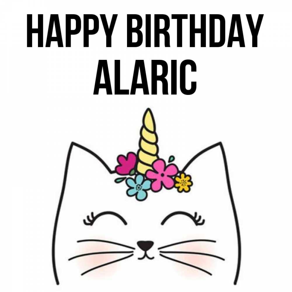 Greetings card с именем, Alaric Happy Birthday милый кот с одним рожком Greetings with text for free download 