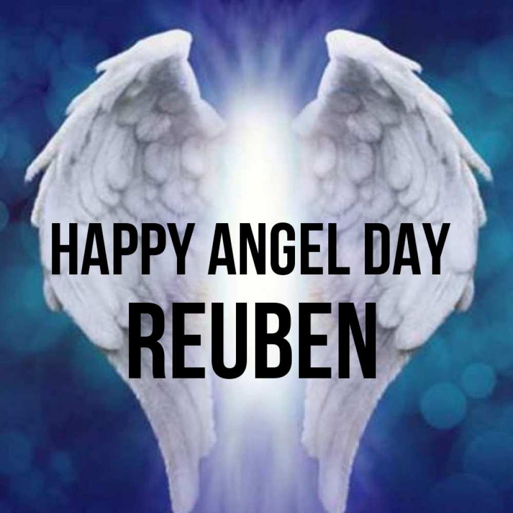 Greetings card с именем, Reuben happy angel day синий фон и крылышки Greetings with text for free download 